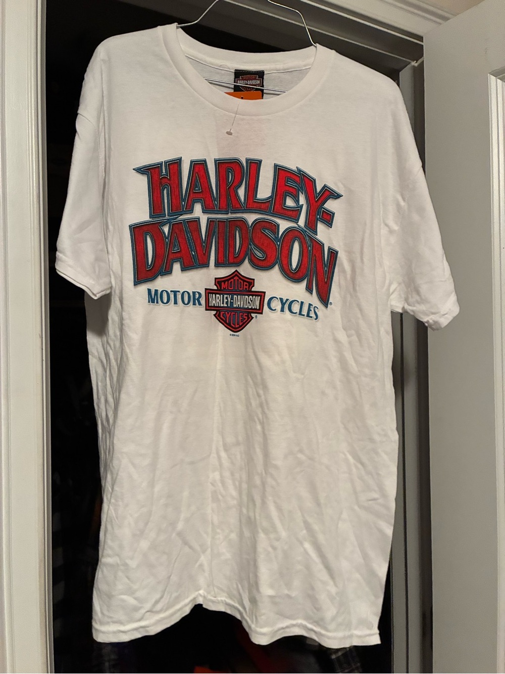 Harley-Davidson White Tee with Red & Blue Shield Logo